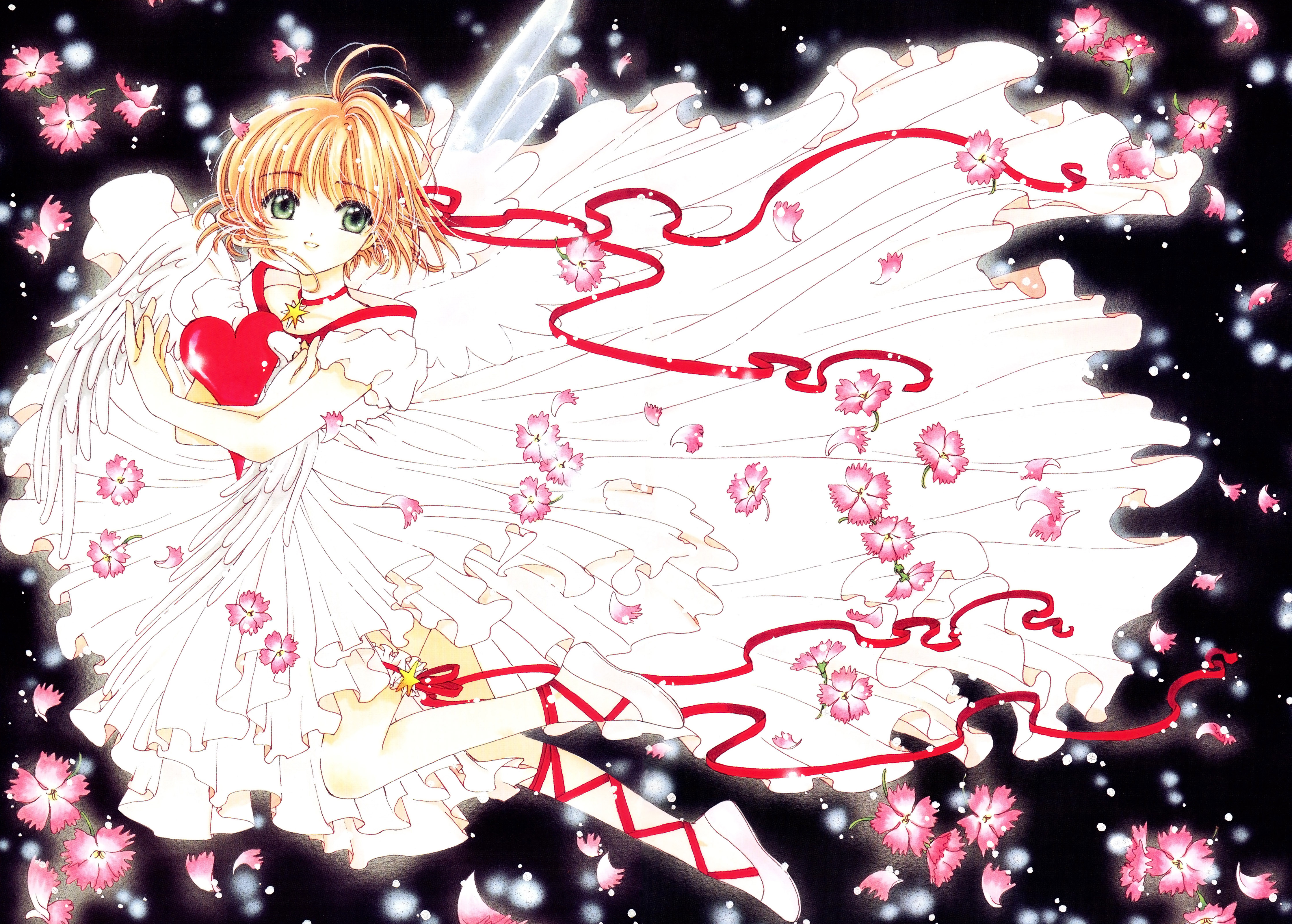 clamp, kinomoto sakura, cardcaptor sakura, absurdres, highres, official art, 1990s (style), 1girl, antenna hair, black background, child, choker, dress, female focus, flower, frills, full body, green eyes, heart, petals, retro artstyle, ribbon, simple background, solo, white dress