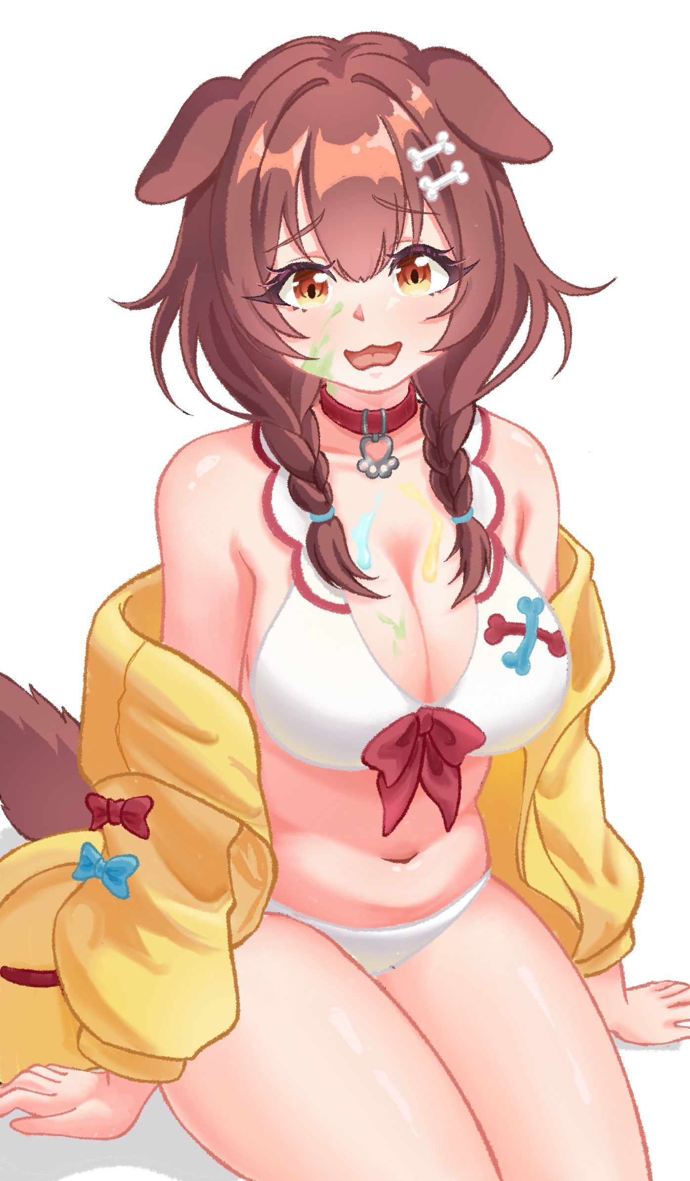 rorol reime, inugami korone, inugami korone (1st costume), hololive, commentary request, highres, 1girl, :3, :d, adapted costume, animal ears, bikini, bone hair ornament, braid, breasts, brown eyes, brown hair, cleavage, collar, dog ears, dog girl, dog tail, hair ornament, jacket, large breasts, looking at viewer, medium hair, navel, open mouth, red collar, smile, solo, swimsuit, tail, twin braids, virtual youtuber, white background, white bikini, yellow jacket