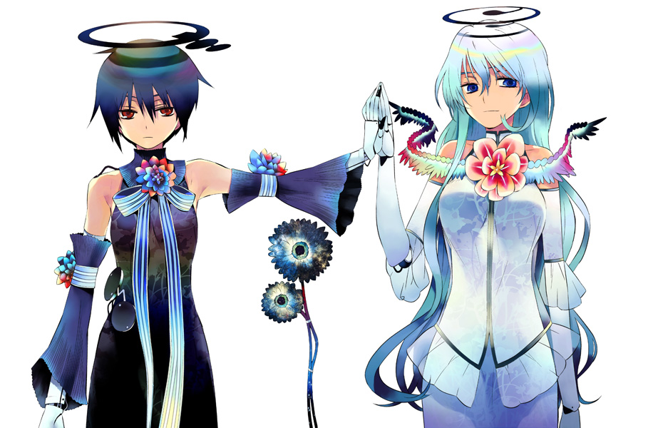 2no, ninomoto, 2girls, black hair, blue eyes, detached sleeves, flower, gradient hair, long hair, multicolored hair, multiple girls, red eyes, short hair, white hair