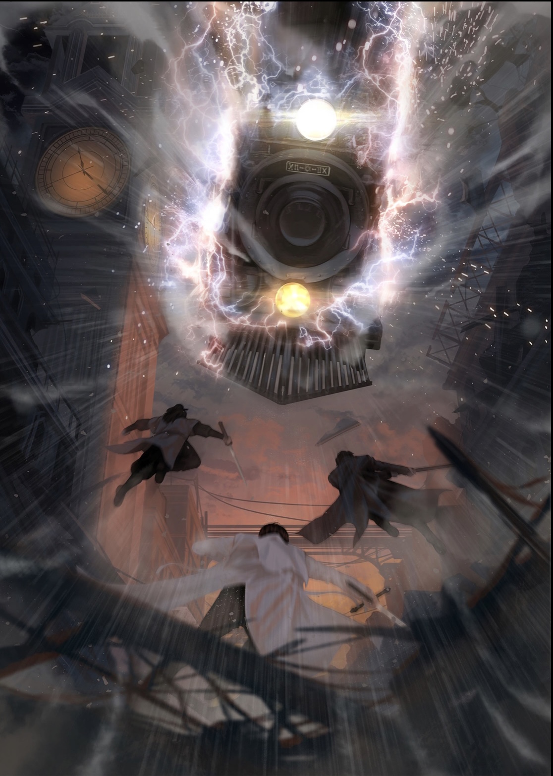 blackbox (blackbox9158), kim dokja, yoo joonghyuk, omniscient reader's viewpoint, highres, official art, third-party source, 3boys, alley, black coat, black hair, building, cheok jungyeong, city, clock, clock tower, coat, from below, full body, holding, holding sword, holding weapon, jumping, light particles, lightning, male focus, motion lines, multiple boys, open clothes, open coat, power lines, short hair, sword, tower, train, utility pole, weapon, white coat