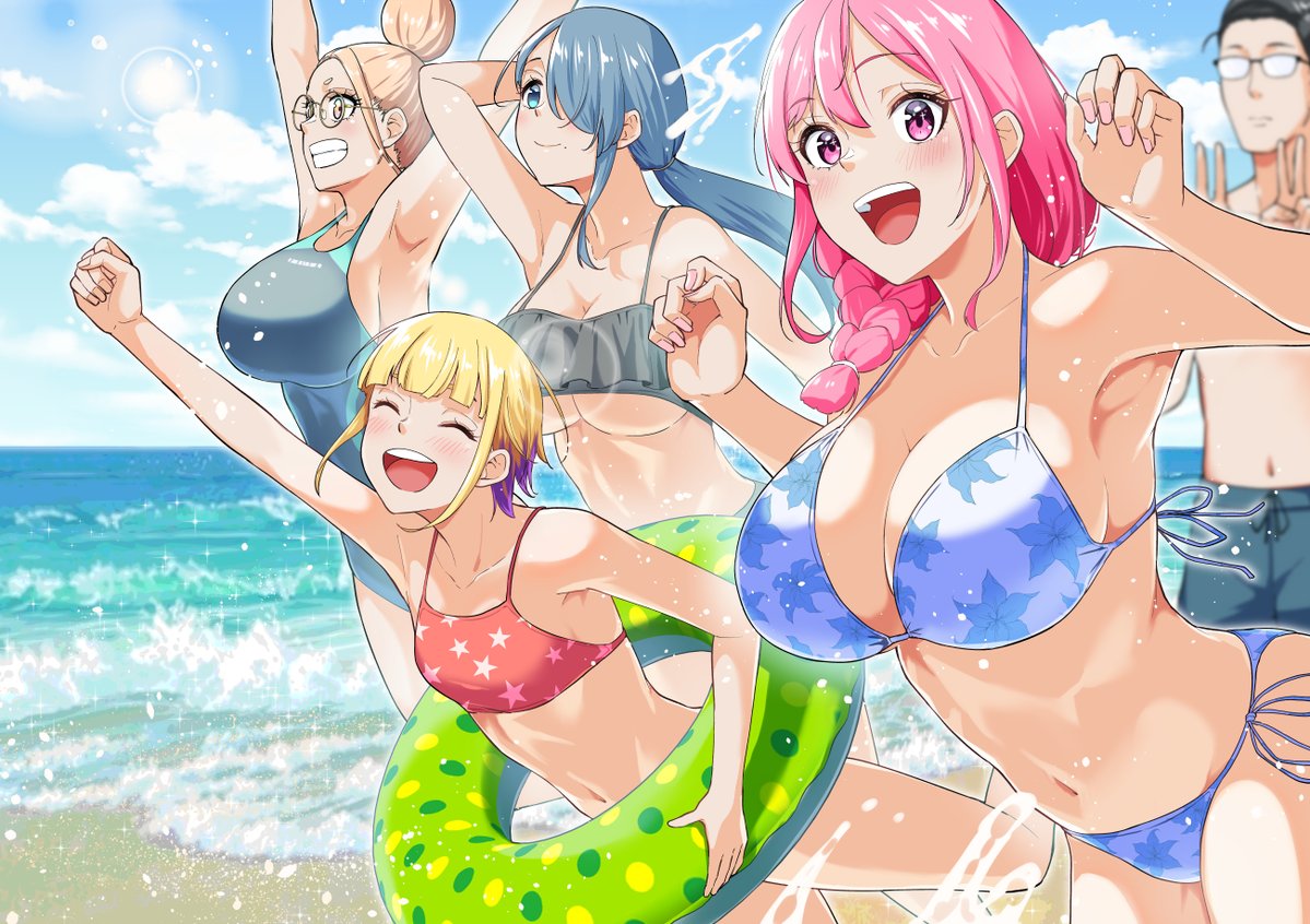 t~t, original, commentary request, 1boy, 4girls, arm up, arms up, beach, bikini, black bikini, black hair, black male swimwear, black one-piece swimsuit, blonde hair, blue bikini, blue eyes, blue hair, blue sky, breasts, cleavage, closed eyes, closed mouth, day, double v, floral print, floral print bikini, glasses, grin, hair bun, hands up, large breasts, male swimwear, multiple girls, navel, one-piece swimsuit, opaque glasses, open mouth, outdoors, pink eyes, pink hair, print bikini, red bikini, side-tie bikini bottom, single hair bun, sky, small breasts, smile, star (symbol), star print, star print bikini, swim ring, swimsuit, teeth, topless male, underboob, upper teeth only, v