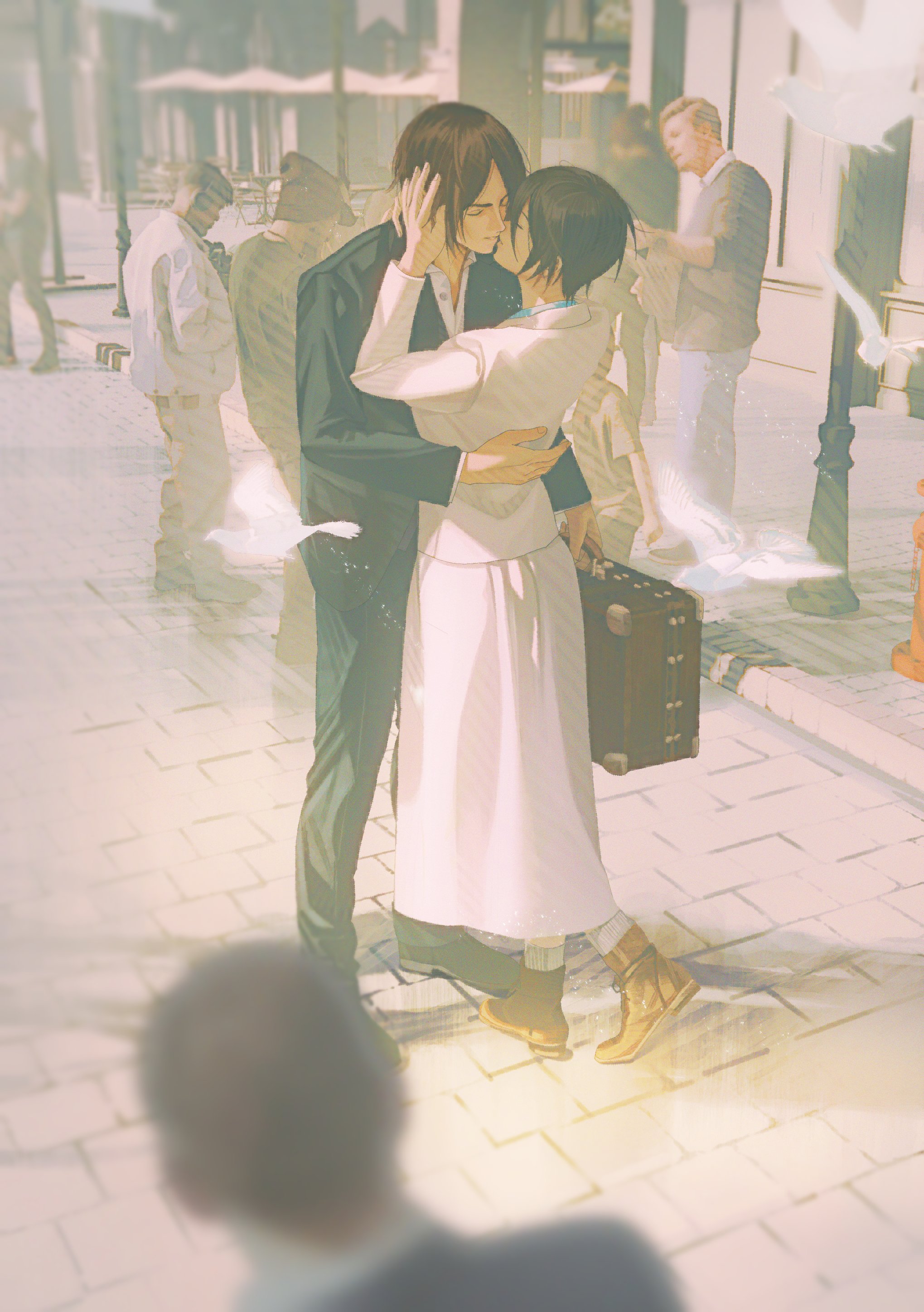 niku (ni23ku), eren yeager, mikasa ackerman, shingeki no kyojin, absurdres, commentary, english commentary, highres, 1boy, 1girl, arm around back, bird, black hair, black jacket, black pants, blurry, blurry foreground, boots, brown boots, brown hair, closed eyes, collared shirt, couple, dress, full body, hair between eyes, hand in another's hair, hetero, holding, holding suitcase, jacket, kiss, long dress, pants, parted bangs, road, shirt, short hair, suitcase, white dress, white jacket, white shirt