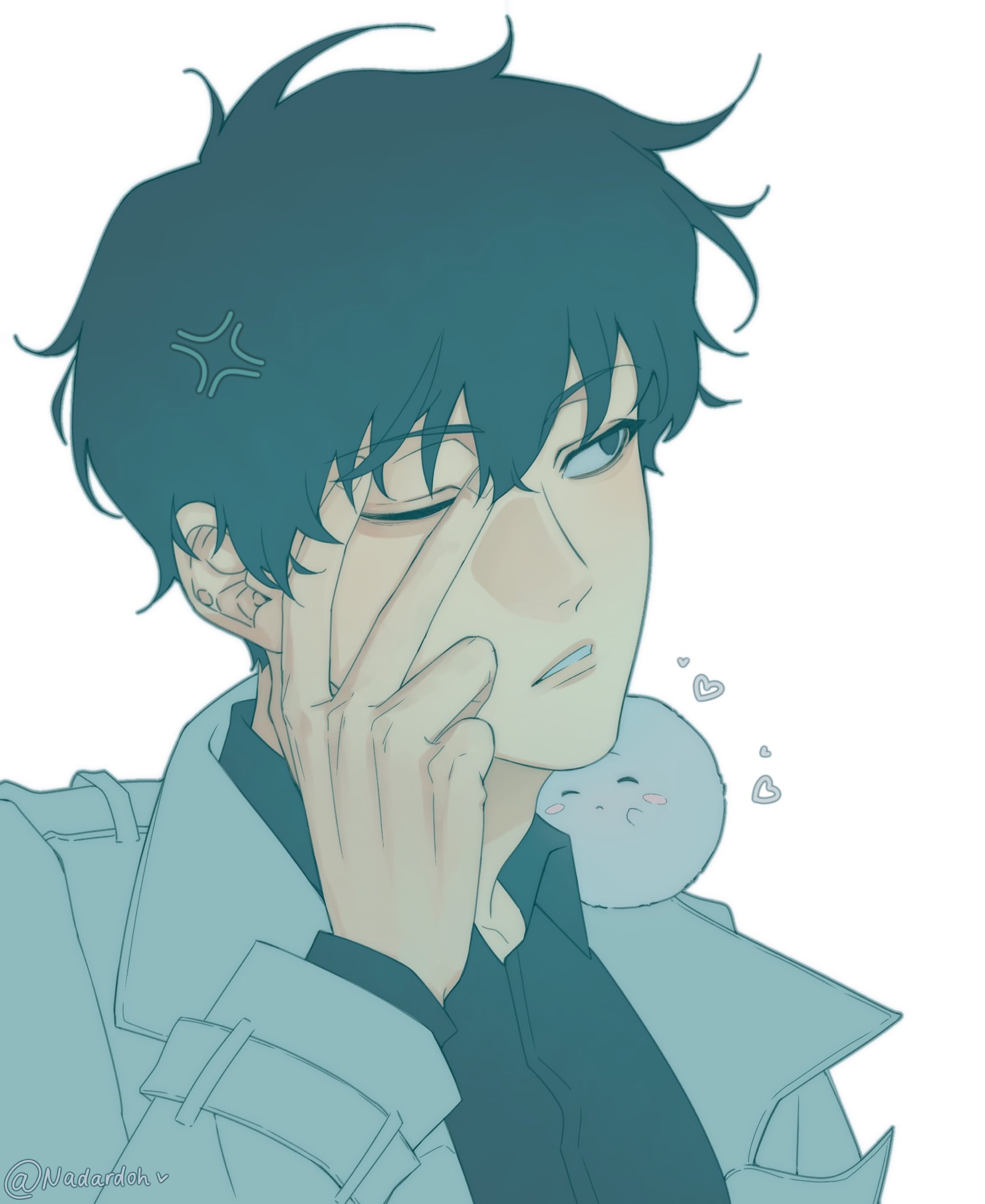 nadardoh, biyoo (omniscient reader's viewpoint), kim dokja, omniscient reader's viewpoint, commentary, highres, symbol-only commentary, 1boy, anger vein, black eyes, black hair, black shirt, coat, collared shirt, finger to eye, hand up, looking to the side, male focus, open clothes, open coat, parted lips, portrait, shirt, short hair, solo, v, white coat