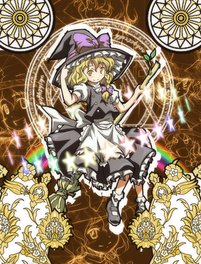mukai, kirisame marisa, touhou, 1girl, blonde hair, braid, broom, broom riding, female focus, hat, solo, witch, witch hat, yellow eyes