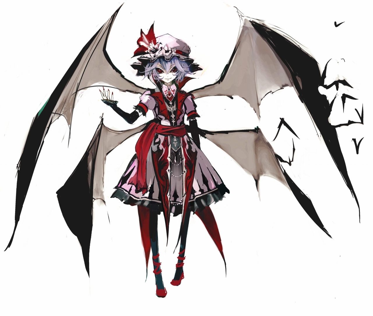 banpai akira, remilia scarlet, castlevania (series), koumajou densetsu, koumajou densetsu 1, touhou, 1girl, alternate costume, bat wings, dress, female focus, fingernails, hat, nail (hardware), nail polish, purple hair, red eyes, short hair, simple background, sketch, smirk, solo, vampire, wings