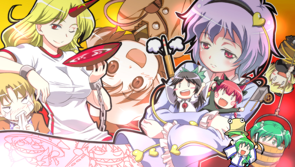 mukai, hakurei reimu, hoshiguma yuugi, kaenbyou rin, kirisame marisa, kisume, kochiya sanae, komeiji koishi, komeiji satori, kurodani yamame, mizuhashi parsee, reiuji utsuho, touhou, 6+girls, blonde hair, bucket, female focus, horns, in bucket, in container, multiple girls, single horn