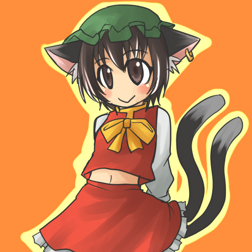 koraku gekki, yuemaru, chen, touhou, bad id, bad pixiv id, lowres, 1girl, animal ears, brown eyes, brown hair, cat ears, cat girl, cat tail, female focus, multiple tails, solo, tail