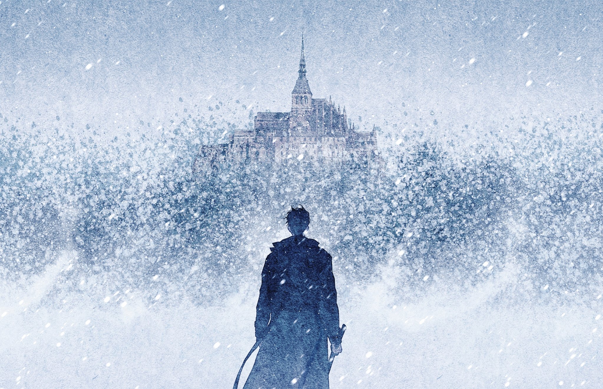 bellta (kimbellta), yoo joonghyuk, omniscient reader's viewpoint, commentary request, highres, korean commentary, 1boy, black coat, black hair, blizzard, castle, coat, facing away, from behind, holding, holding sword, holding weapon, male focus, open clothes, open coat, popped collar, scabbard, sheath, short hair, snowing, solo, standing, sword, upper body, weapon