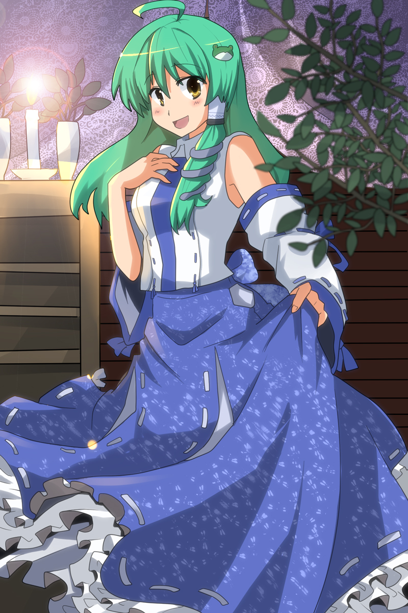 akatoro (nightlord), toro (pixiv), kochiya sanae, touhou, highres, 1girl, ahoge, candle, detached sleeves, female focus, green hair, long hair, skirt hold, solo, yellow eyes