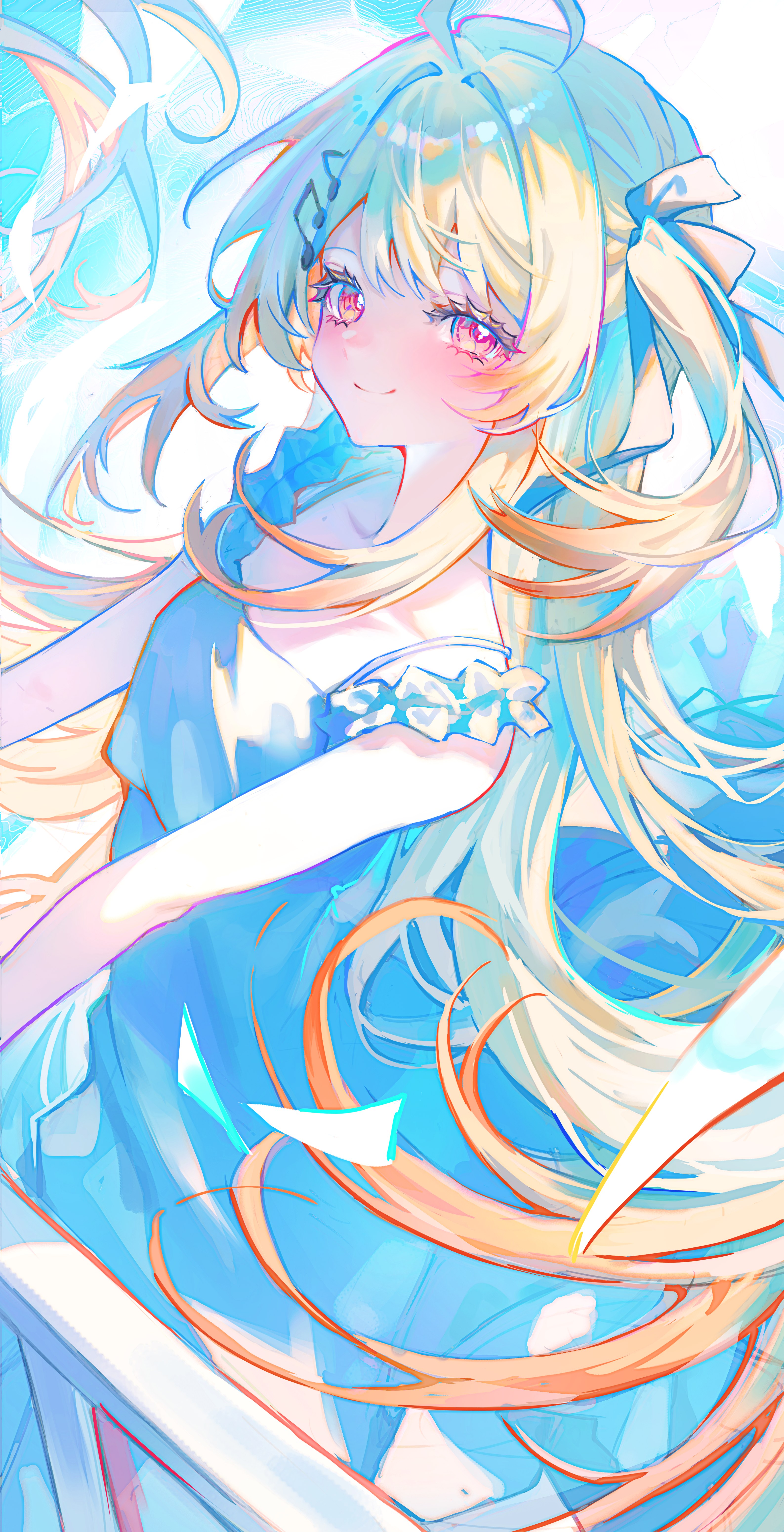 someang, otonose kanade, hololive, hololive dev is, absurdres, commentary request, highres, korean commentary, 1girl, alternate costume, blonde hair, blue dress, closed mouth, dress, feet out of frame, fortissimo, from side, hair ornament, hair ribbon, long hair, long sidelocks, looking at viewer, looking to the side, musical note, musical note hair ornament, pink eyes, ribbon, sidelocks, sleeveless, sleeveless dress, smile, solo, turning head, two side up, virtual youtuber