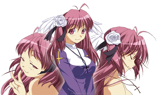 germatoid, ragnarok online, 1girl, antenna hair, closed eyes, cross, dress, flower, hair flower, hair ornament, head wings, jewelry, long hair, necklace, pink eyes, pink hair, priest, priestess, purple eyes, purple hair, rose, smile, topless female, v, wings