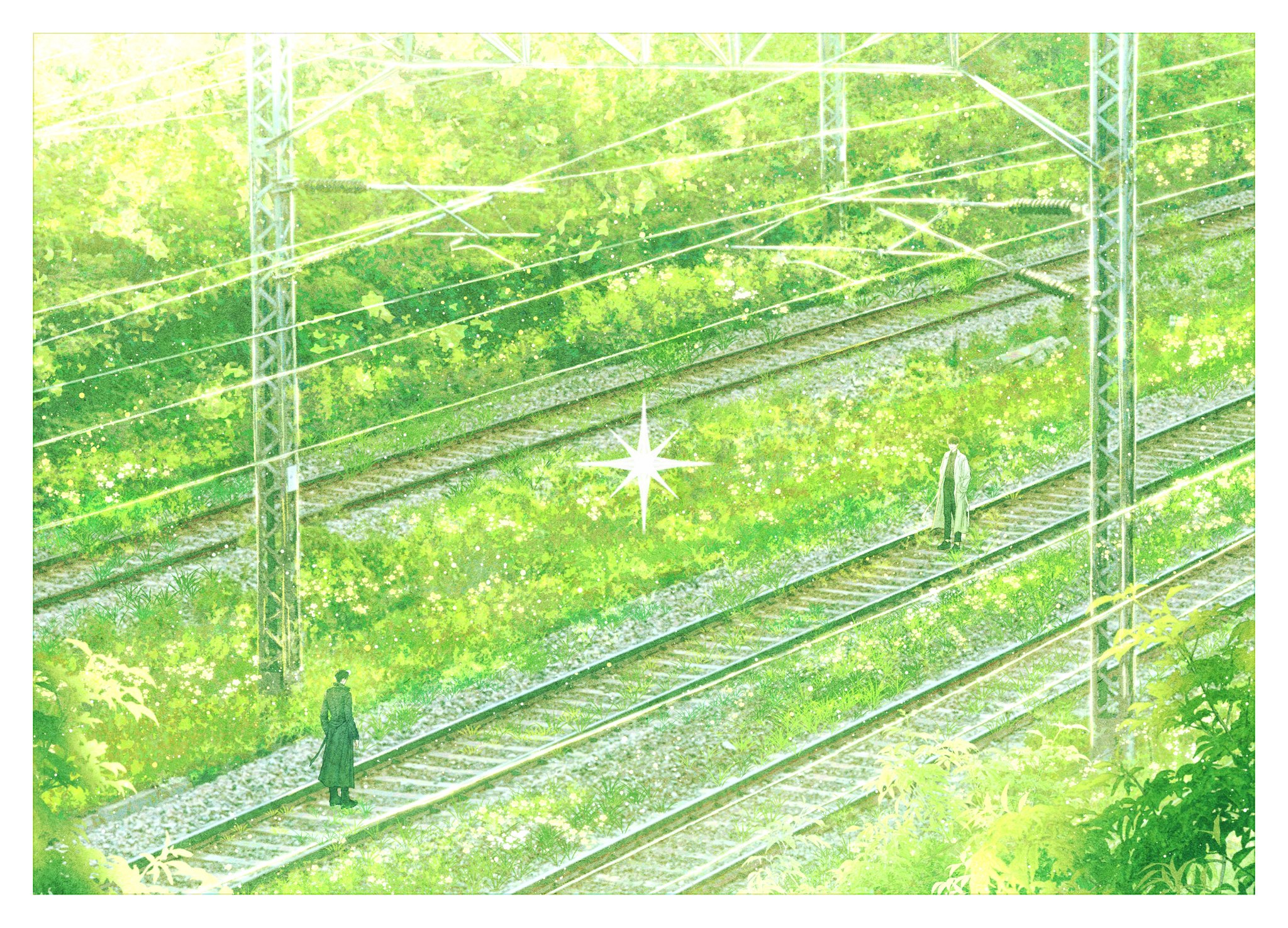 bellta (kimbellta), kim dokja, yoo joonghyuk, omniscient reader's viewpoint, commentary, highres, symbol-only commentary, 2boys, black coat, black hair, border, coat, day, faceless, facing another, from above, full body, green theme, male focus, multiple boys, open clothes, open coat, outdoors, popped collar, power lines, railroad tracks, short hair, standing, white border, white coat, wide shot