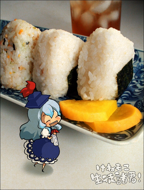 kawanabe, kamishirasawa keine, touhou, bad id, bad pixiv id, 1girl, blue hair, chibi, female focus, food, hat, mini person, minigirl, onigiri, smile, solo, takuan