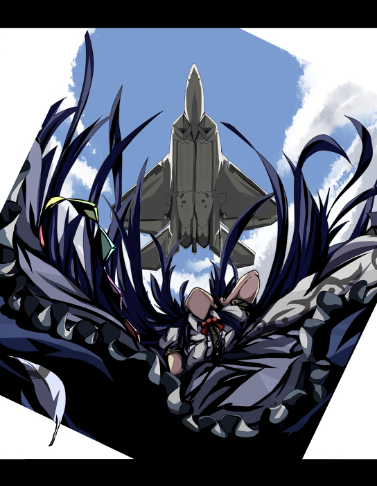 kara kasa, karakasa (murakumo koushou), karakasa (pixiv), f-22, hinanawi tenshi, mobius 1, ace combat, ace combat 04, touhou, commentary, 1girl, aircraft, airplane, blue hair, dress, feathers, female focus, fighter jet, from below, letterboxed, long hair, military, military vehicle, vehicle focus, very long hair