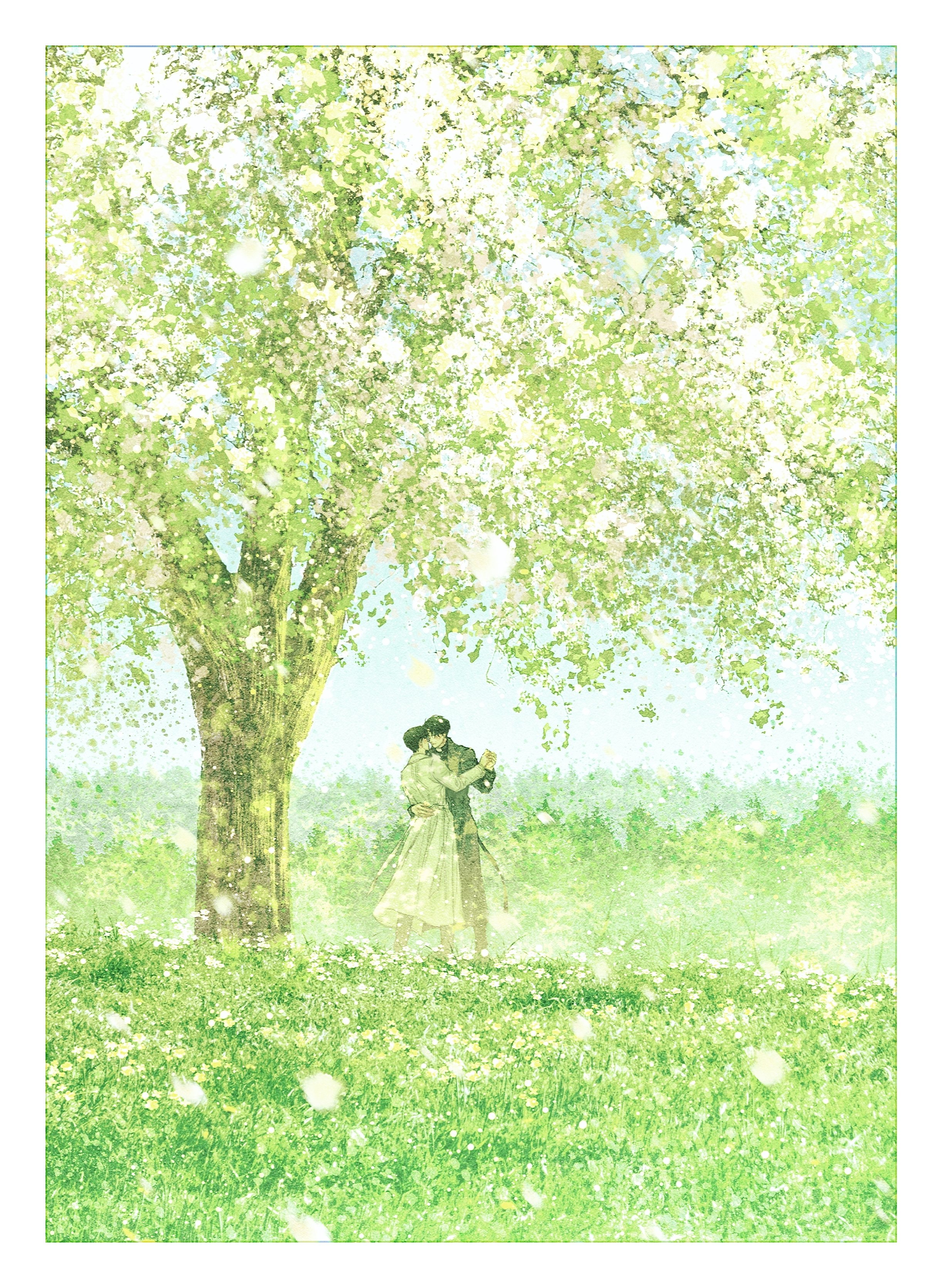 bellta (kimbellta), kim dokja, yoo joonghyuk, omniscient reader's viewpoint, absurdres, commentary, highres, symbol-only commentary, arm around waist, black coat, black hair, border, coat, dancing, day, falling petals, full body, green theme, hill, holding hands, open clothes, open coat, outdoors, petals, popped collar, short hair, standing, tree, white border, white coat, wide shot