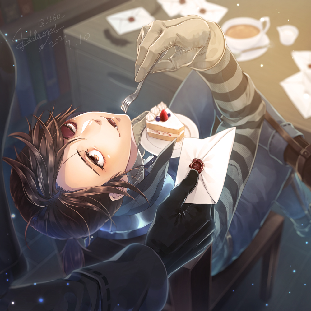 shiroma kira, luca balsa, identity v, 1boy, 1other, :3, bandaged neck, bandages, black gloves, black jacket, brown eyes, brown gloves, brown hair, bruise, bruised eye, cake, cake slice, chair, coffee, crossed legs, dated, denim, envelope, fang, food, fork, gloves, head back, holding, holding envelope, holding fork, holding plate, injury, jacket, jeans, looking at another, male focus, on chair, pants, plate, popped collar, shirt, signature, sitting, strawberry shortcake, striped clothes, striped shirt, table, twitter username