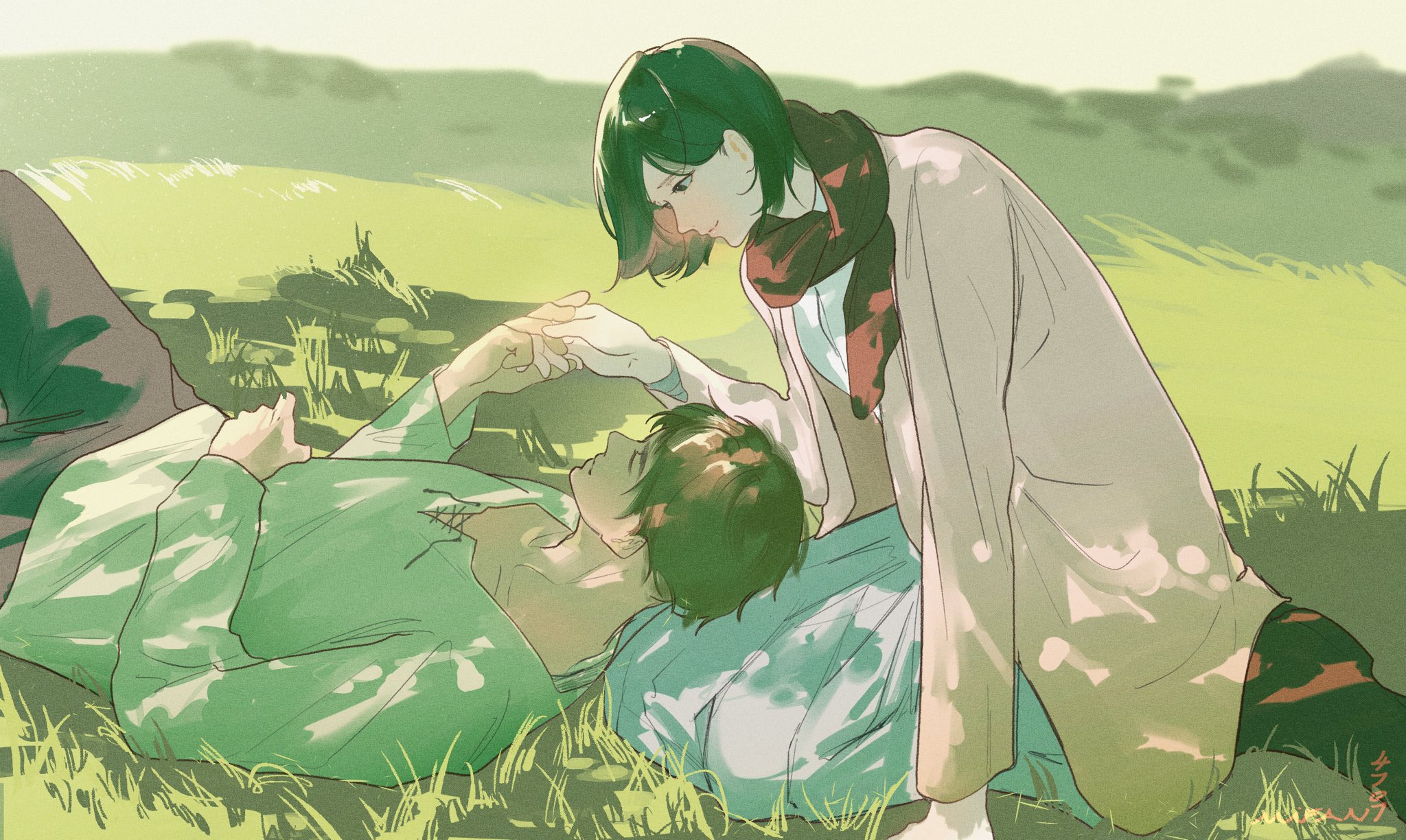 mifan4707, eren yeager, mikasa ackerman, shingeki no kyojin, commentary request, highres, 1boy, 1girl, black hair, black shoes, blue sky, brown hair, brown pants, cardigan, closed eyes, couple, grass, hair behind ear, hand grab, hetero, kneeling, lap pillow, looking at another, outdoors, pants, parted lips, pink cardigan, red scarf, scarf, shirt, shoes, short hair, sky, tree, under tree, white shirt