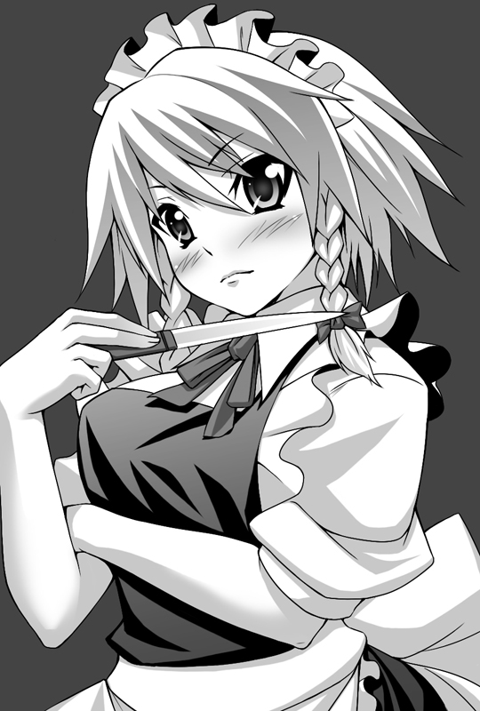 somejima, izayoi sakuya, touhou, 1girl, apron, female focus, greyscale, knife, maid, maid apron, maid headdress, monochrome, short hair, simple background, solo
