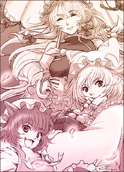 atsuko k, chen, yakumo ran, yakumo yukari, touhou, lowres, 3girls, animal ears, animal hat, bow, cat ears, cat girl, closed eyes, eating, female focus, food, hat, holding, holding umbrella, long hair, long sleeves, mob cap, monochrome, mouth hold, multiple girls, open mouth, pink theme, short hair, smile, tassel, umbrella