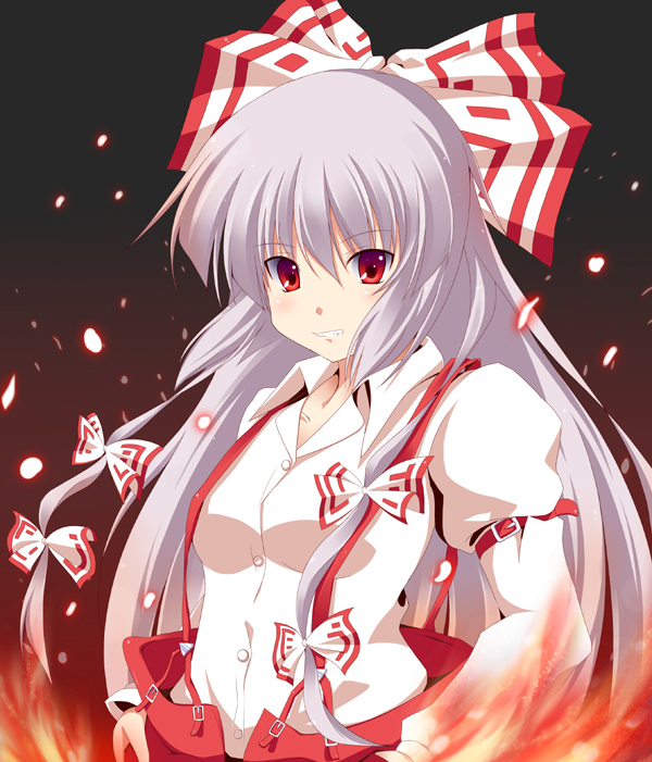 kurono yuzuko, yuuko (pixiv), fujiwara no mokou, touhou, silver hair, bad id, bad pixiv id, 1girl, female focus, hair ribbon, long hair, red eyes, ribbon, solo, suspenders