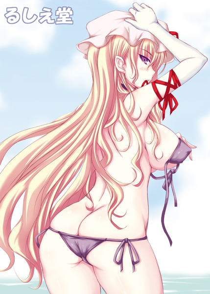 jema, yakumo yukari, touhou, untied, 1girl, ass, bikini, blonde hair, breasts, butt crack, covered erect nipples, elbow gloves, female focus, from behind, front-tie top, gloves, hat, hip focus, large breasts, long hair, looking back, mouth hold, naughty face, purple bikini, purple eyes, ribbon, side-tie bikini bottom, skindentation, solo, string bikini, swimsuit, undersized clothes, very long hair, white gloves, wide hips