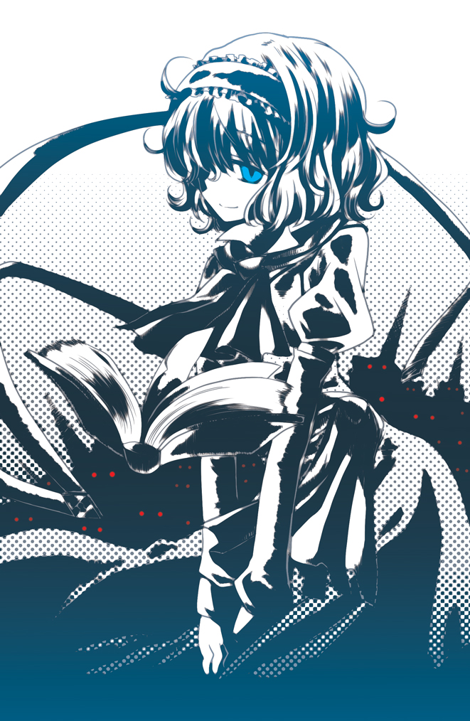 myama, alice margatroid, touhou, bad id, bad pixiv id, 1girl, blue eyes, book, curly hair, eye focus, female focus, floating, hair over one eye, hairband, halftone, halftone background, monochrome, short hair, smile, solo, spot color