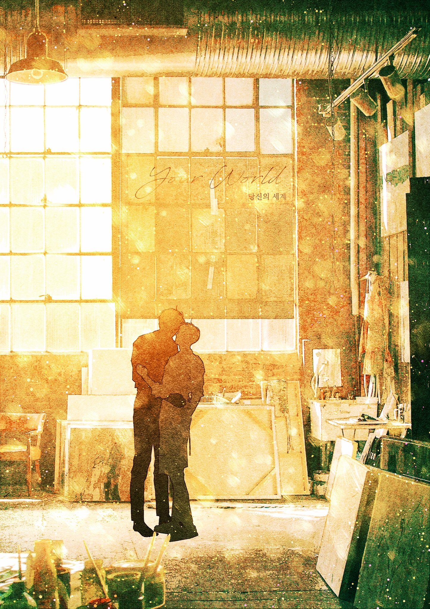 bellta (kimbellta), kim dokja, yoo joonghyuk, omniscient reader's viewpoint, commentary request, highres, korean commentary, 2boys, bucket, ceiling light, easel, facing another, hand on another's arm, hand on another's back, indoors, male focus, multiple boys, scenery, shop, short hair, silhouette, watercolor effect