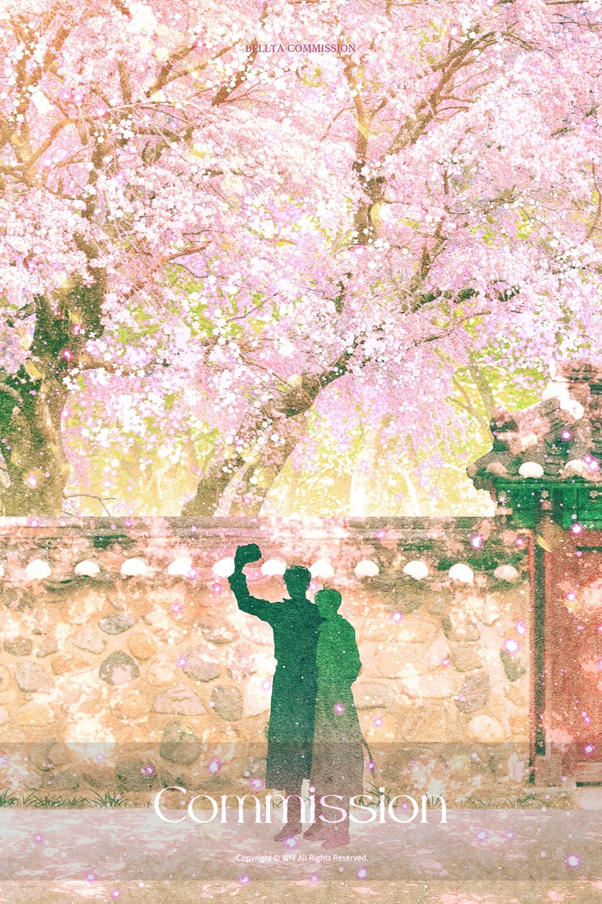 bellta (kimbellta), kim dokja, yoo joonghyuk, omniscient reader's viewpoint, commentary request, highres, korean commentary, 2boys, brick wall, cherry blossoms, cherry tree, day, faceless, falling petals, full body, grass, hand in pocket, hand on another's back, hand up, male focus, multiple boys, outdoors, petals, scenery, sidewalk, silhouette, standing, taking picture