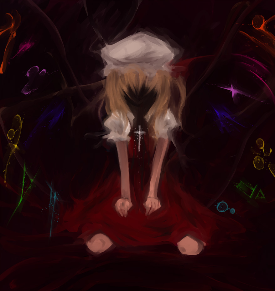 shimo (depthbomb), flandre scarlet, touhou, 1girl, alternate wings, black background, blonde hair, dark, female focus, full body, hat, kneeling, mob cap, solo, wings