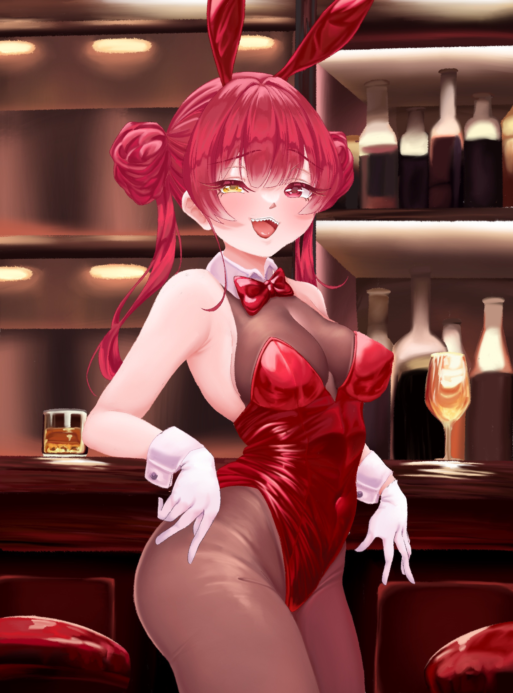 rorol reime, houshou marine, hololive, commentary request, highres, 1girl, alternate costume, animal ears, bar (place), black bodysuit, bodysuit, breasts, collar, detached collar, double bun, fake animal ears, gloves, hair bun, heterochromia, large breasts, leotard, looking at viewer, open mouth, rabbit ears, red eyes, red leotard, smile, solo, teeth, twintails, upper teeth only, virtual youtuber, white collar, white gloves, yellow eyes
