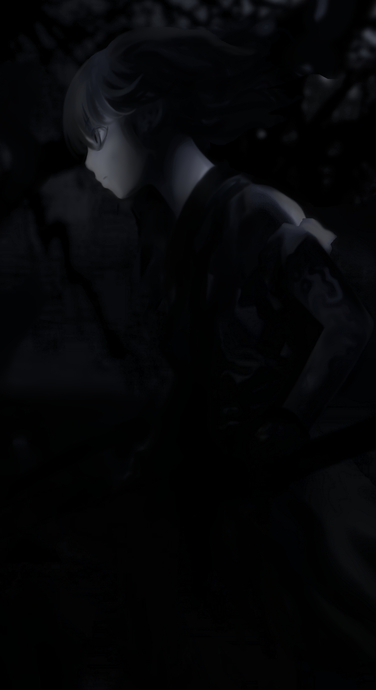 futon (kitsune tsuki), kitsune tsuki, onozuka komachi, touhou, highres, 1girl, dark, female focus, greyscale, monochrome, solo