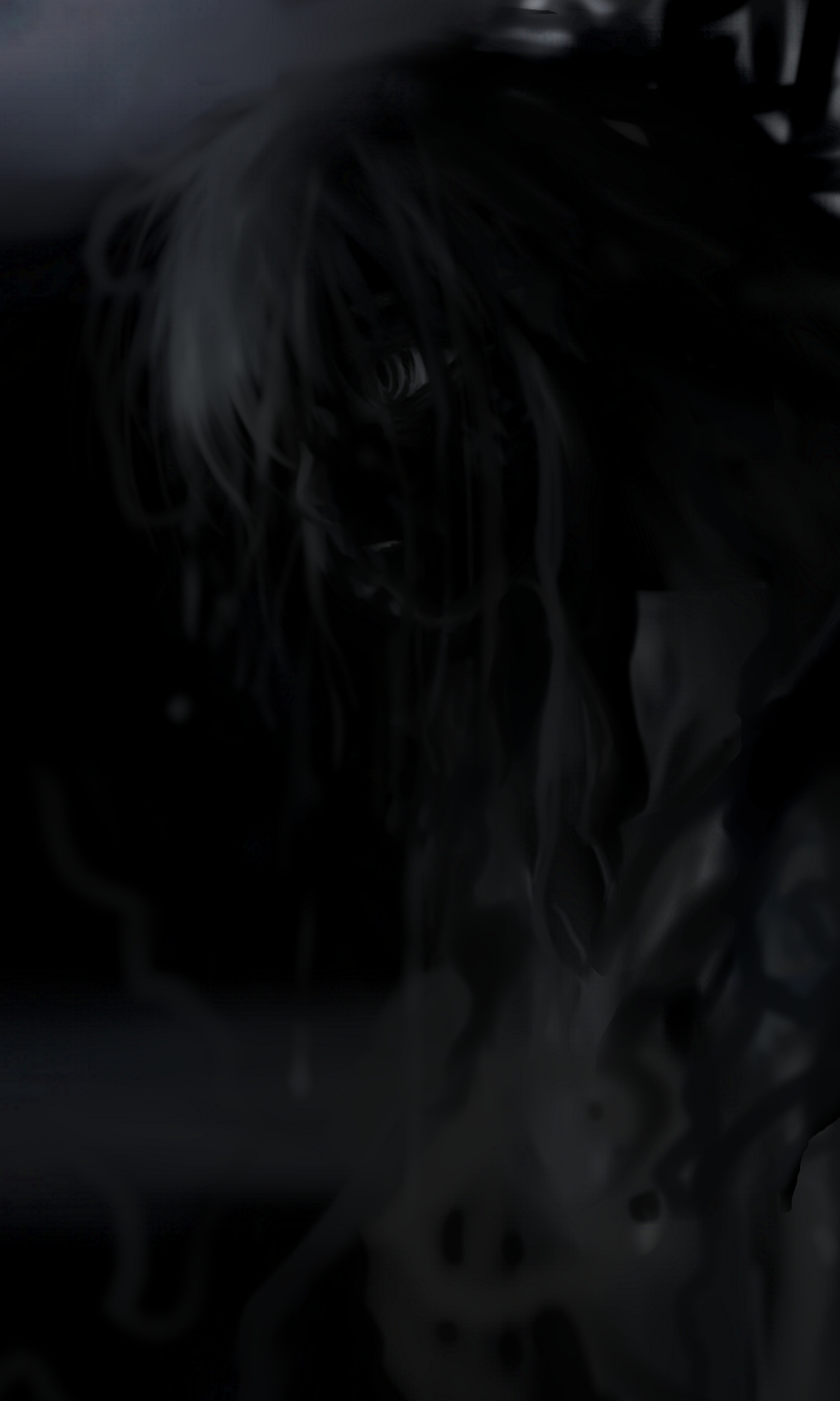 futon (kitsune tsuki), kitsune tsuki, fujiwara no mokou, touhou, highres, 1girl, dark, female focus, monochrome, solo