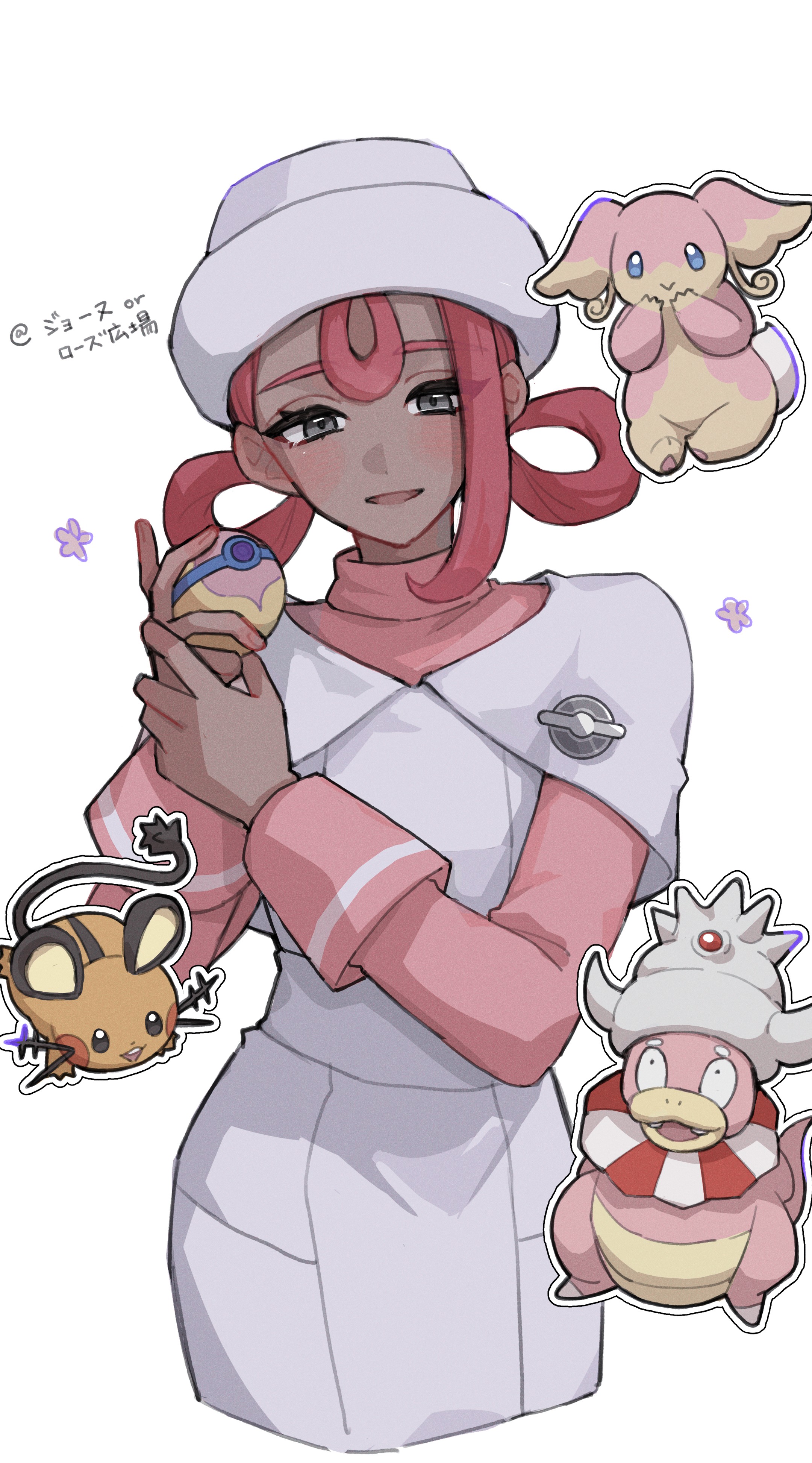 minao omina, audino, dedenne, joy (pokemon), joy (pokemon legends: z-a), slowking, nintendo, pokemon, pokemon legends: z-a, absurdres, commentary request, highres, 1girl, dark-skinned female, dark skin, feet out of frame, gen 2 pokemon, gen 5 pokemon, gen 6 pokemon, grey eyes, hat, heal ball, holding, long hair, looking at viewer, nurse, nurse cap, open mouth, pink hair, pink shirt, poke ball, pokemon (creature), shirt, simple background, standing, white background
