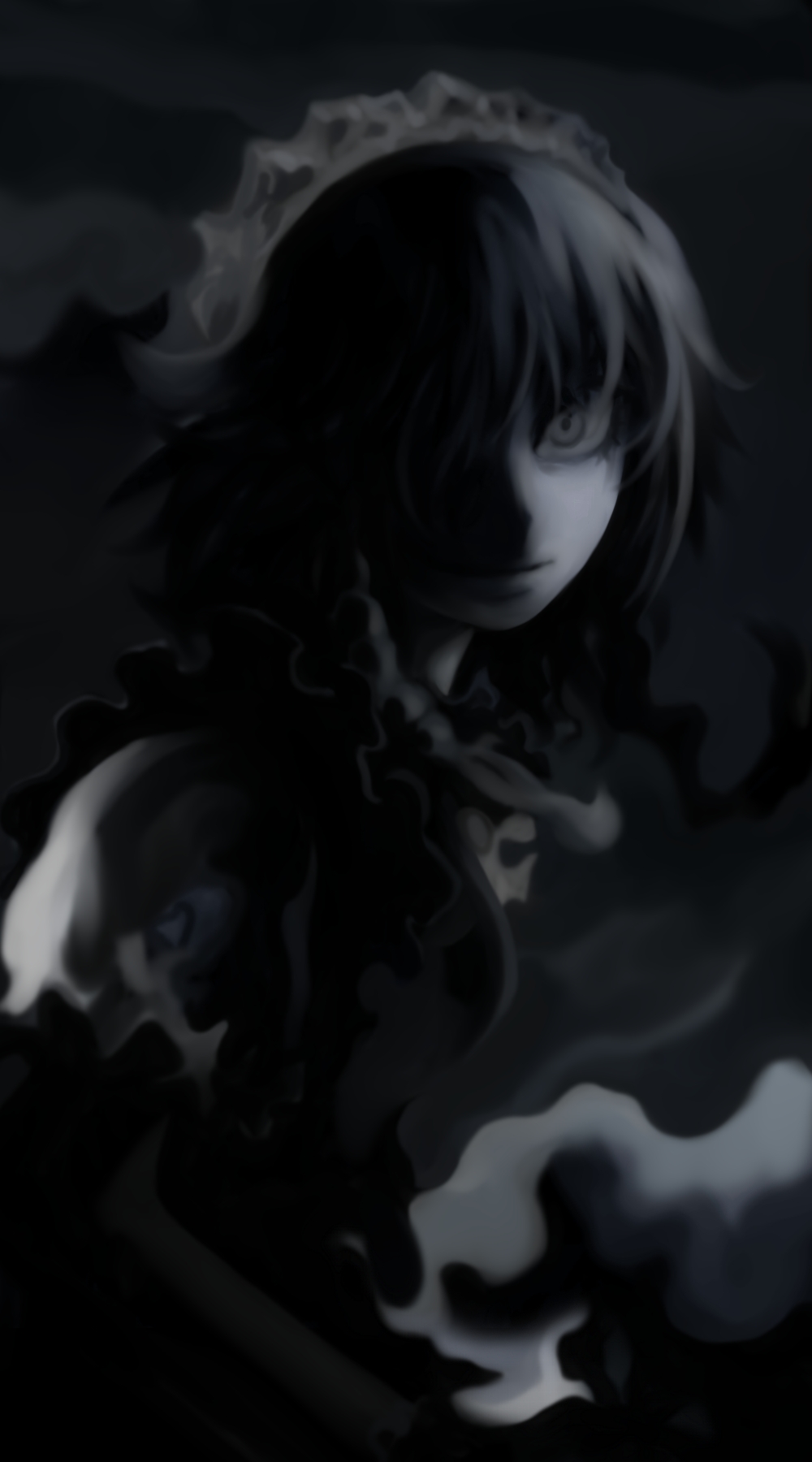 futon (kitsune tsuki), kitsune tsuki, izayoi sakuya, touhou, highres, 1girl, dark, female focus, greyscale, hair over one eye, maid, monochrome, solo