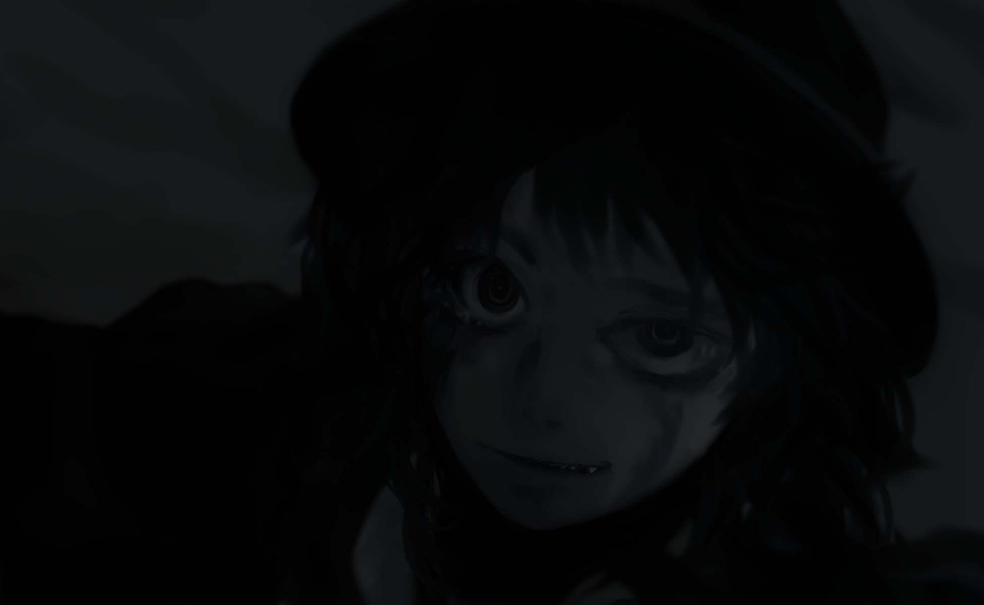 futon (kitsune tsuki), kitsune tsuki, usami renko, touhou, highres, 1girl, dark, fang, fangs, female focus, greyscale, hat, monochrome, solo