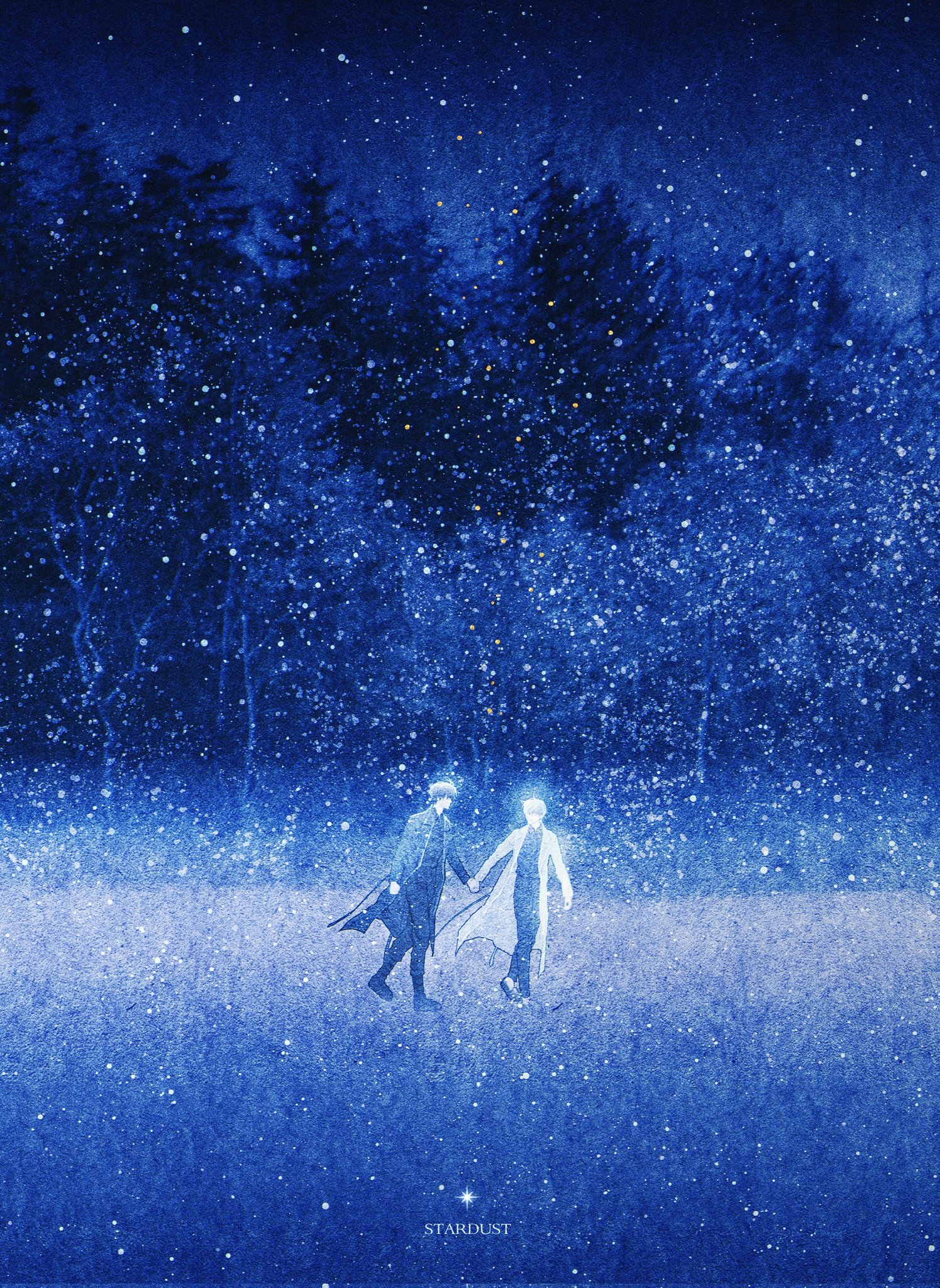bellta (kimbellta), kim dokja, yoo joonghyuk, omniscient reader's viewpoint, highres, 2boys, black coat, coat, forest, full body, glowing, holding hands, male focus, multiple boys, nature, night, open clothes, open coat, outdoors, scenery, short hair, white coat