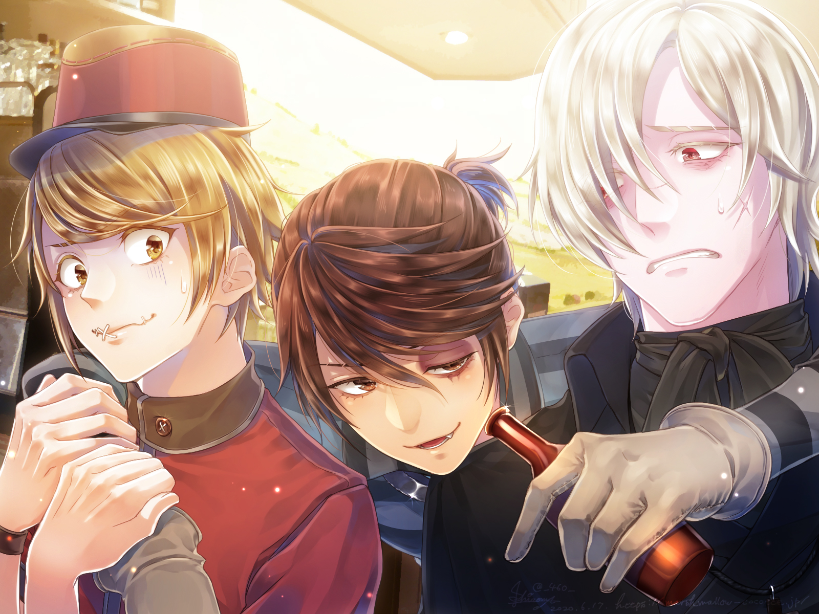 shiroma kira, andrew kreiss, luca balsa, victor grantz, identity v, highres, 3boys, albino, arm around shoulder, ascot, beer bottle, black jacket, blonde hair, bottle, brown ascot, brown eyes, brown gloves, brown hair, bruise, bruised eye, colored eyelashes, cross scar, fang, gloves, hair between eyes, half-closed eye, hat, holding, holding bottle, injury, jacket, kepi, looking at another, male focus, military hat, multiple boys, ponytail, red eyes, red hat, scar, scar on face, shirt, short ponytail, stitched mouth, stitches, striped clothes, striped shirt, turn pale, upper body, white eyelashes, yellow eyes