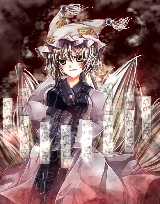 hinayu, yakumo ran, touhou, bad id, bad pixiv id, 1girl, animal hat, blonde hair, blush, female focus, hands in opposite sleeves, hat, long sleeves, mob cap, multiple tails, short hair, solo, tail, tassel, wide sleeves, yellow eyes