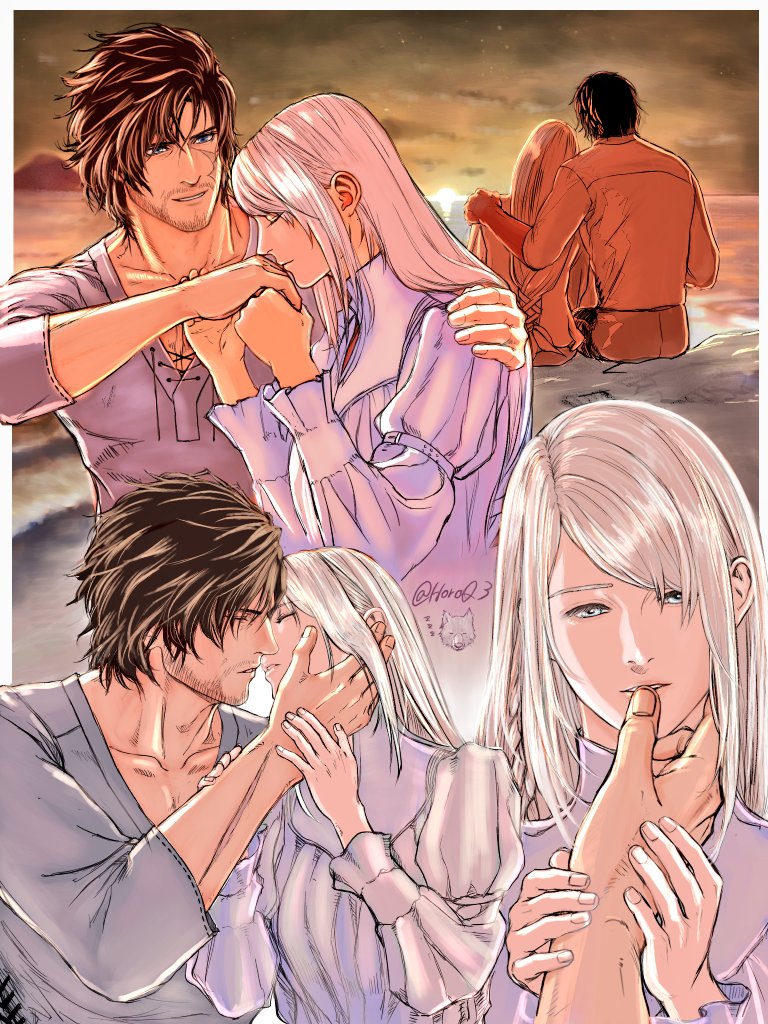 clive rosfield, jill warrick, torgal (ff16), final fantasy, final fantasy xvi, commentary request, 1boy, 1girl, arm around shoulder, beard stubble, black hair, blue eyes, border, breasts, closed eyes, collarbone, couple, facial hair, facial scar, grey eyes, grey hair, grey shirt, hair between eyes, hair ribbon, hand in another's hair, hand on another's cheek, hand on another's face, hetero, holding hands, horoq3, imminent kiss, juliet sleeves, kiss, kissing hand, long hair, long sleeves, looking at another, low-tied long hair, medium breasts, monochrome, multiple views, muscular, muscular male, parted lips, puffy sleeves, ribbon, scar, scar on cheek, scar on face, shirt, sitting, stubble, swept bangs, thumb to mouth, twitter username, white border, white shirt