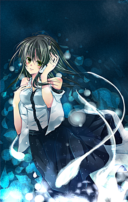 hinayu, kochiya sanae, mountain of faith, touhou, silver hair, bad id, bad pixiv id, 1girl, bare shoulders, blue skirt, detached sleeves, female focus, frog hair ornament, green eyes, green hair, hair ornament, long hair, looking at viewer, matching hair/eyes, nontraditional miko, skirt, solo, standing, yellow eyes