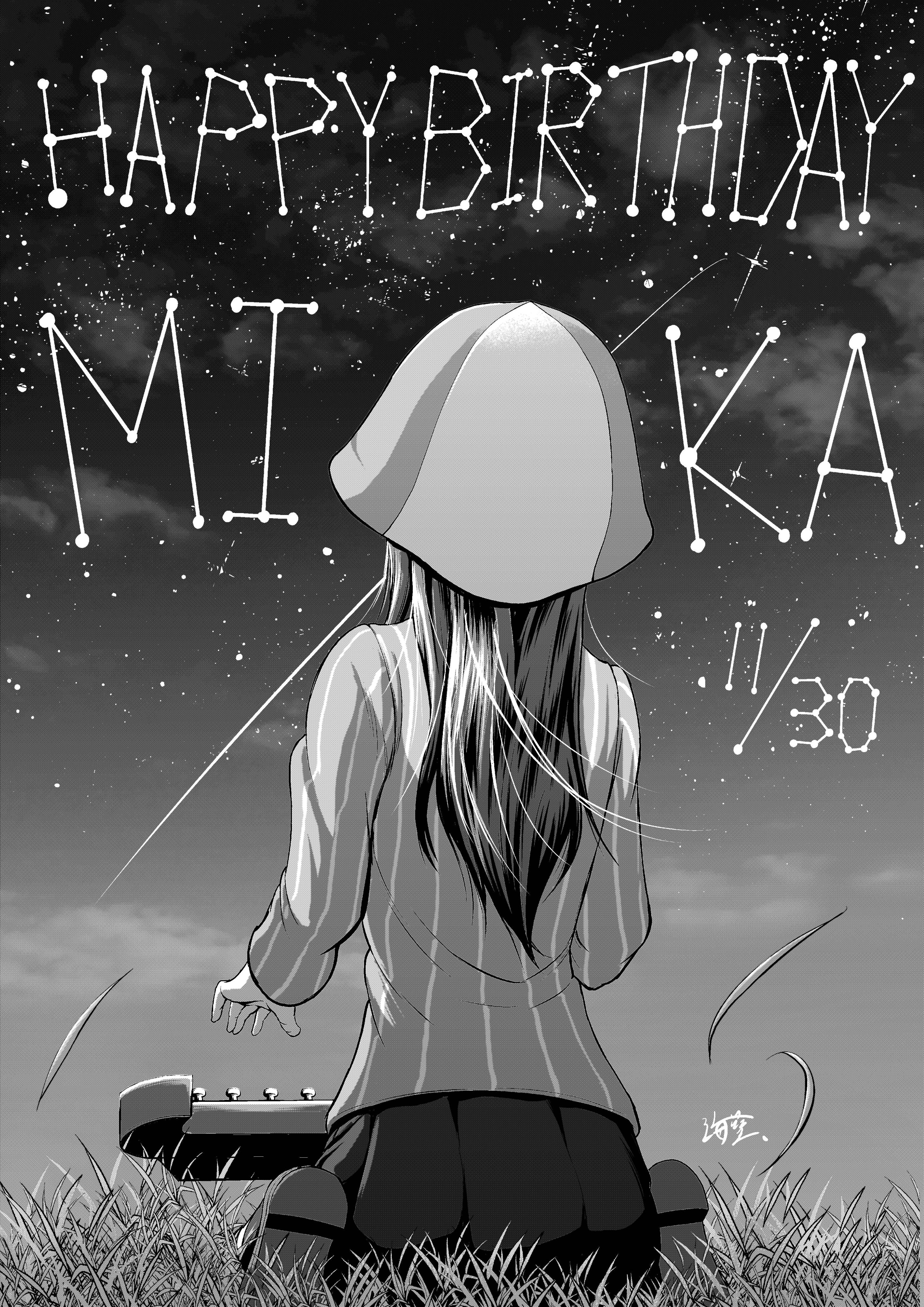 hairanworkshop, mika (girls und panzer), girls und panzer, absurdres, commentary request, highres, 1girl, back, black skirt, constellation, grass, hat, instrument, jacket, kantele, keizoku school uniform, long hair, monochrome, night, night sky, outdoors, school uniform, sitting, skirt, sky, solo, star (sky)