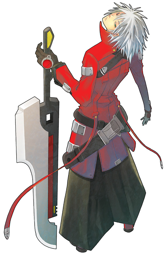 ragna the bloodedge, arc system works, blazblue, 1boy, black pants, heterochromia, huge weapon, looking back, male focus, pants, solo, sword, weapon, white background
