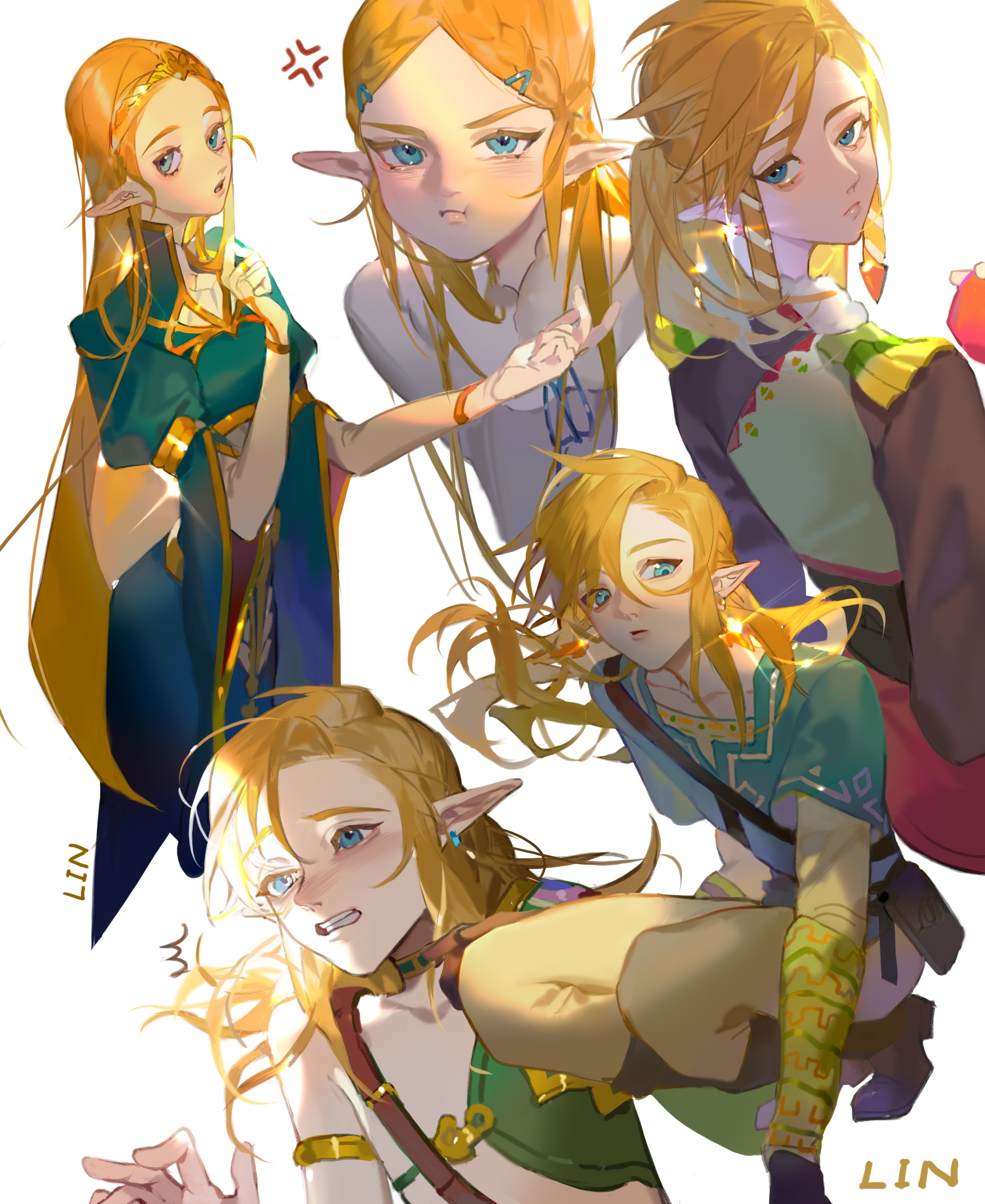 lin09, link, princess zelda, nintendo, the legend of zelda, the legend of zelda: breath of the wild, commentary, highres, symbol-only commentary, 1boy, 1girl, :t, ^^^, aqua dress, aqua eyes, aqua shirt, artist name, blonde hair, blue eyes, blush, braid, braided bangs, clenched teeth, closed mouth, desert voe set (zelda), dress, earrings, expressionless, glint, gold trim, hair between eyes, jewelry, layered sleeves, long hair, long sleeves, multiple views, open mouth, pants, pointy ears, ponytail, pout, shirt, short hair, short over long sleeves, short sleeves, simple background, snowquill set (zelda), teeth, v-shaped eyebrows, white background, wide sleeves, yellow pants