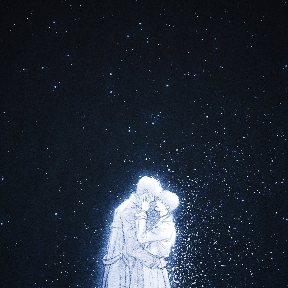 bellta (kimbellta), kim dokja, yoo joonghyuk, omniscient reader's viewpoint, commentary request, korean commentary, 2boys, coat, cowboy shot, glowing, hand on another's back, hand on another's face, leaning forward, limited palette, multiple boys, night, night sky, open clothes, open coat, popped collar, short hair, sky, star (sky), starry sky