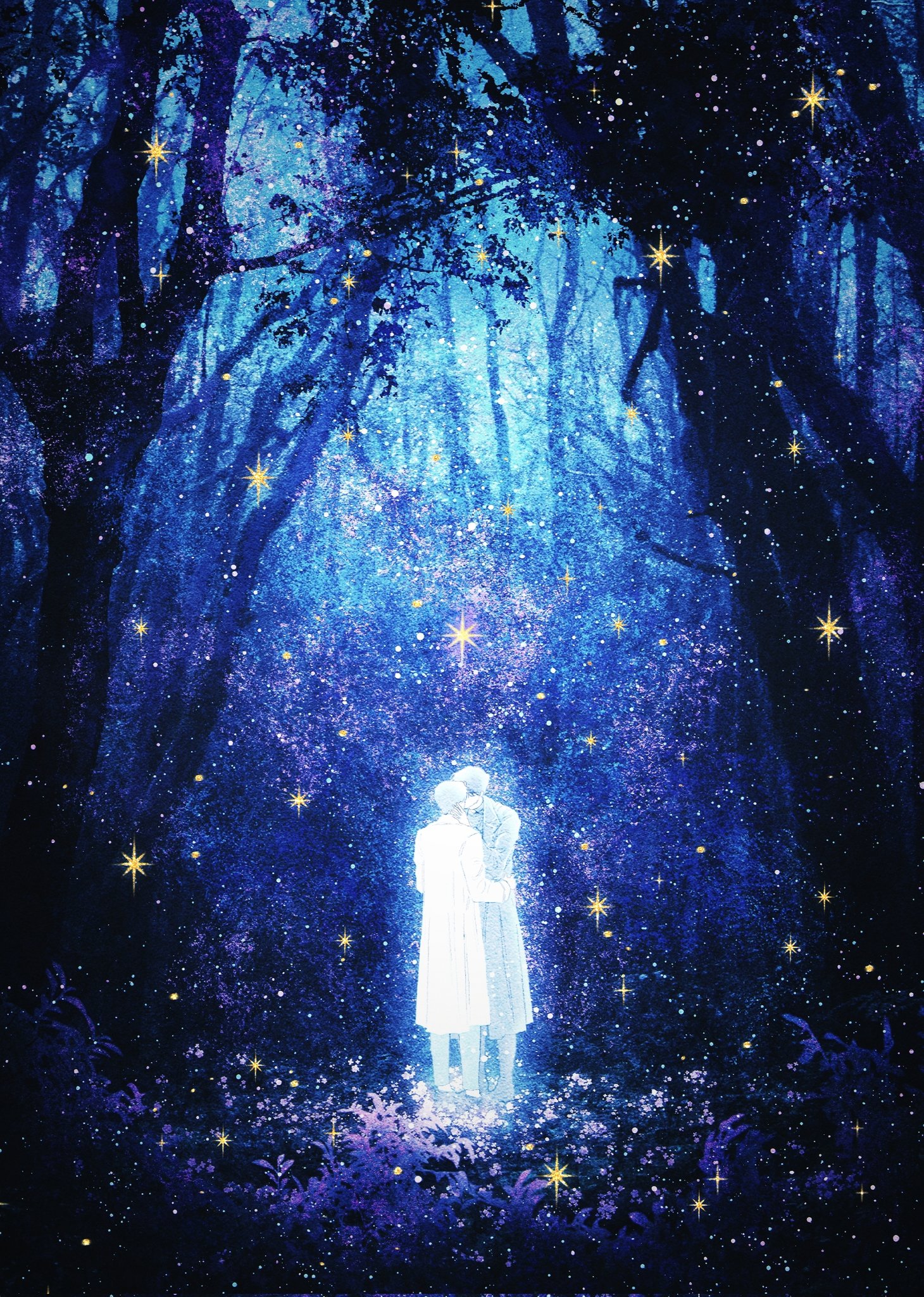 bellta (kimbellta), kim dokja, yoo joonghyuk, omniscient reader's viewpoint, commentary, english commentary, highres, 2boys, coat, flower, forest, full body, hand on another's face, hand on another's waist, male focus, multiple boys, nature, night, open clothes, open coat, purple flower, scenery, short hair, sky, standing, star (sky), star (symbol), starry sky, tree, white coat, yaoi