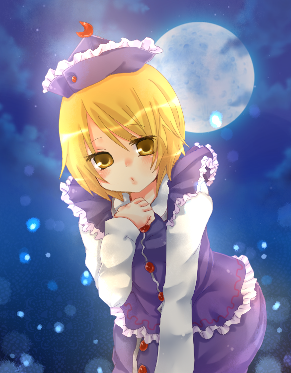 takamura, lunasa prismriver, touhou, bad id, bad pixiv id, 1girl, :o, blonde hair, female focus, full moon, hat, moon, outdoors, short hair, sky, solo, yellow eyes