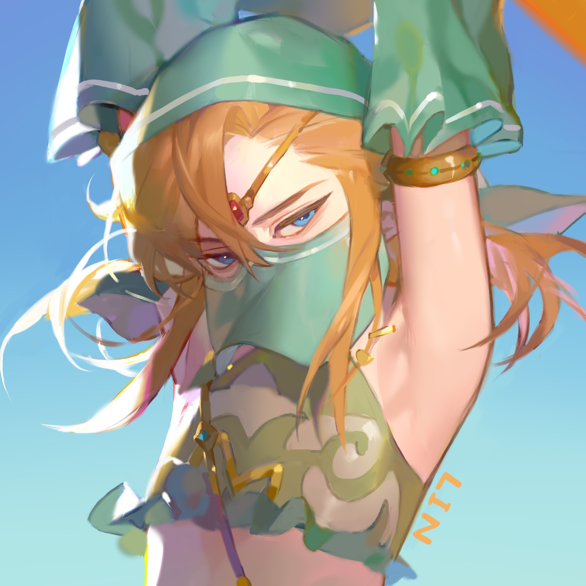 lin09, link, nintendo, the legend of zelda, the legend of zelda: breath of the wild, chinese commentary, commentary, highres, 1boy, arabian clothes, armlet, armpits, arms up, artist name, bandeau, blonde hair, blue background, blue eyes, detached sleeves, forehead jewel, frilled bandeau, frills, gerudo set (zelda), green bandeau, green sleeves, hair between eyes, jewelry, male focus, medium hair, solo, tsurime, upper body