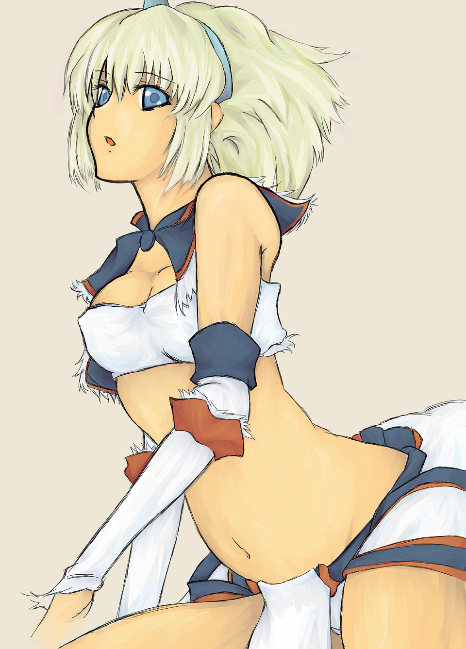 sensei (hitagi3594), capcom, monster hunter (series), fur, bad id, bad pixiv id, highres, 1girl, blonde hair, blue eyes, breasts, bridal gauntlets, cleavage, covered erect nipples, dark-skinned female, dark skin, elbow gloves, female focus, gloves, hairband, horns, kirin (armor), midriff, navel, open mouth, panties, pantyshot, single horn, solo, tan, tank top, underwear