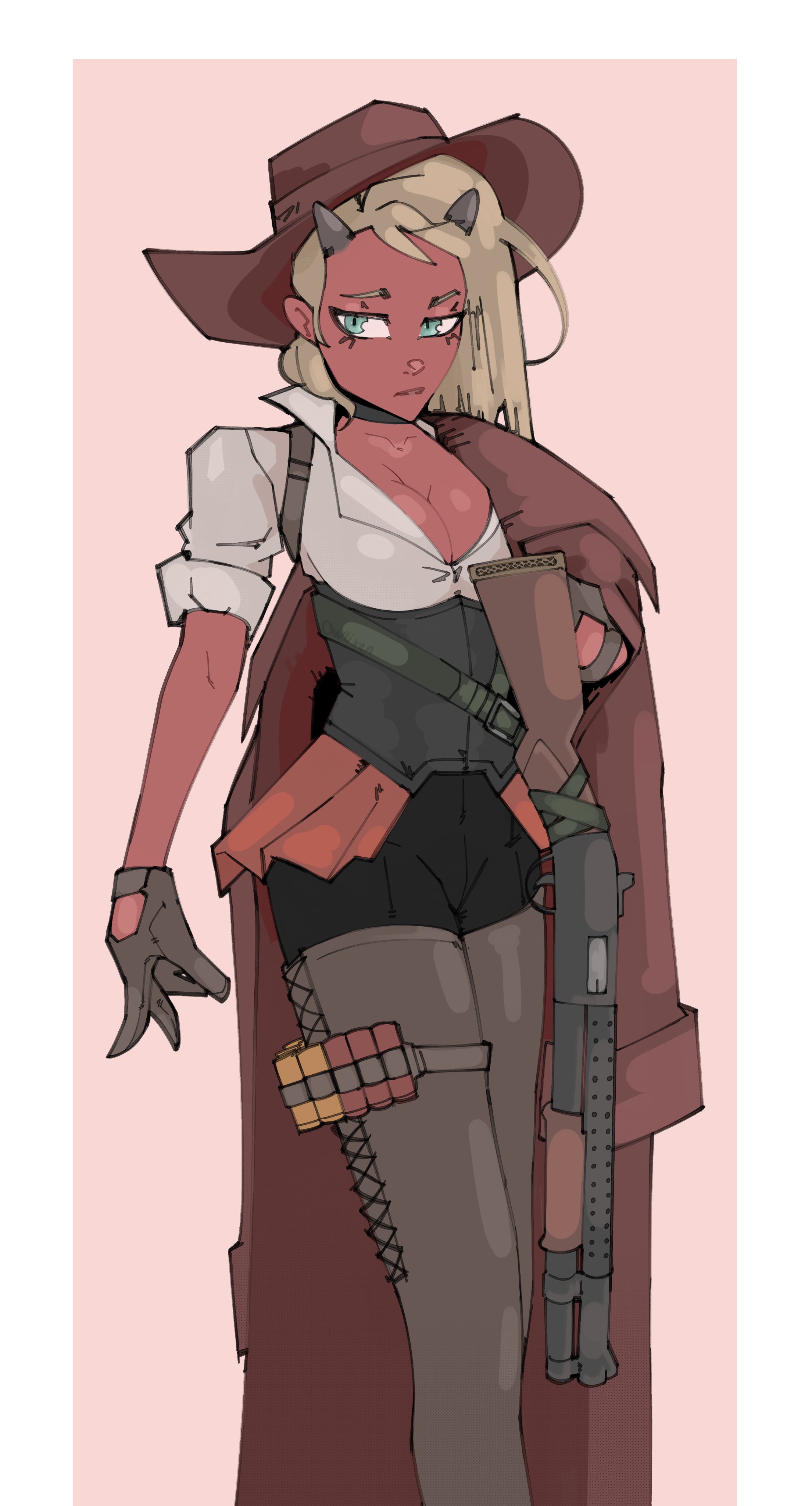 impid (rimworld), rimworld, absurdres, commentary, highres, 1girl, ammunition, black corset, blonde hair, blue eyes, boots, border, breasts, brown gloves, choker, cleavage, colored skin, corset, cowboy hat, duster, gloves, gun, hat, horns, owlixen, pump action, red skin, red skirt, shotgun, shotgun shell, skirt, solo, thigh boots, weapon, white border