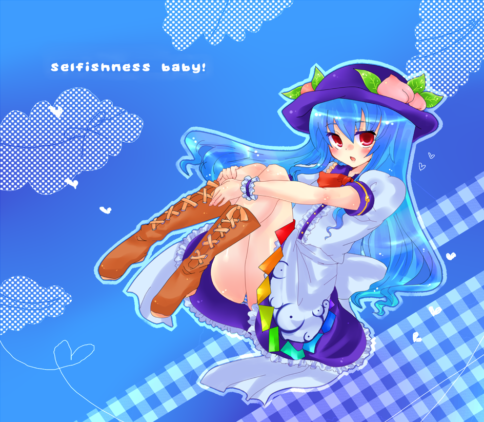 takamura, hinanawi tenshi, touhou, bad id, bad pixiv id, 1girl, blue hair, boots, female focus, hat, hugging own legs, long hair, red eyes, solo, wrist cuffs